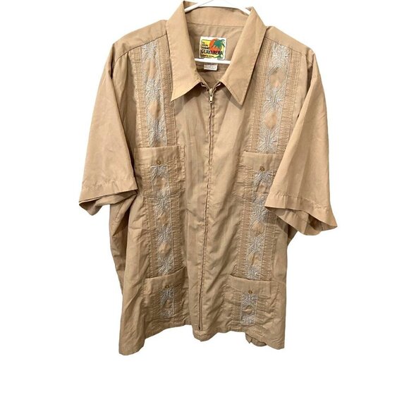 The Genuine Haband Guayabera Mens Cubin Style Button Up Shirt XXL Tan Embroidere - Picture 1 of 6